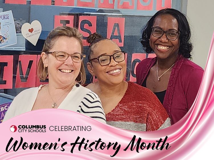 Image of three women with a women's history month banner